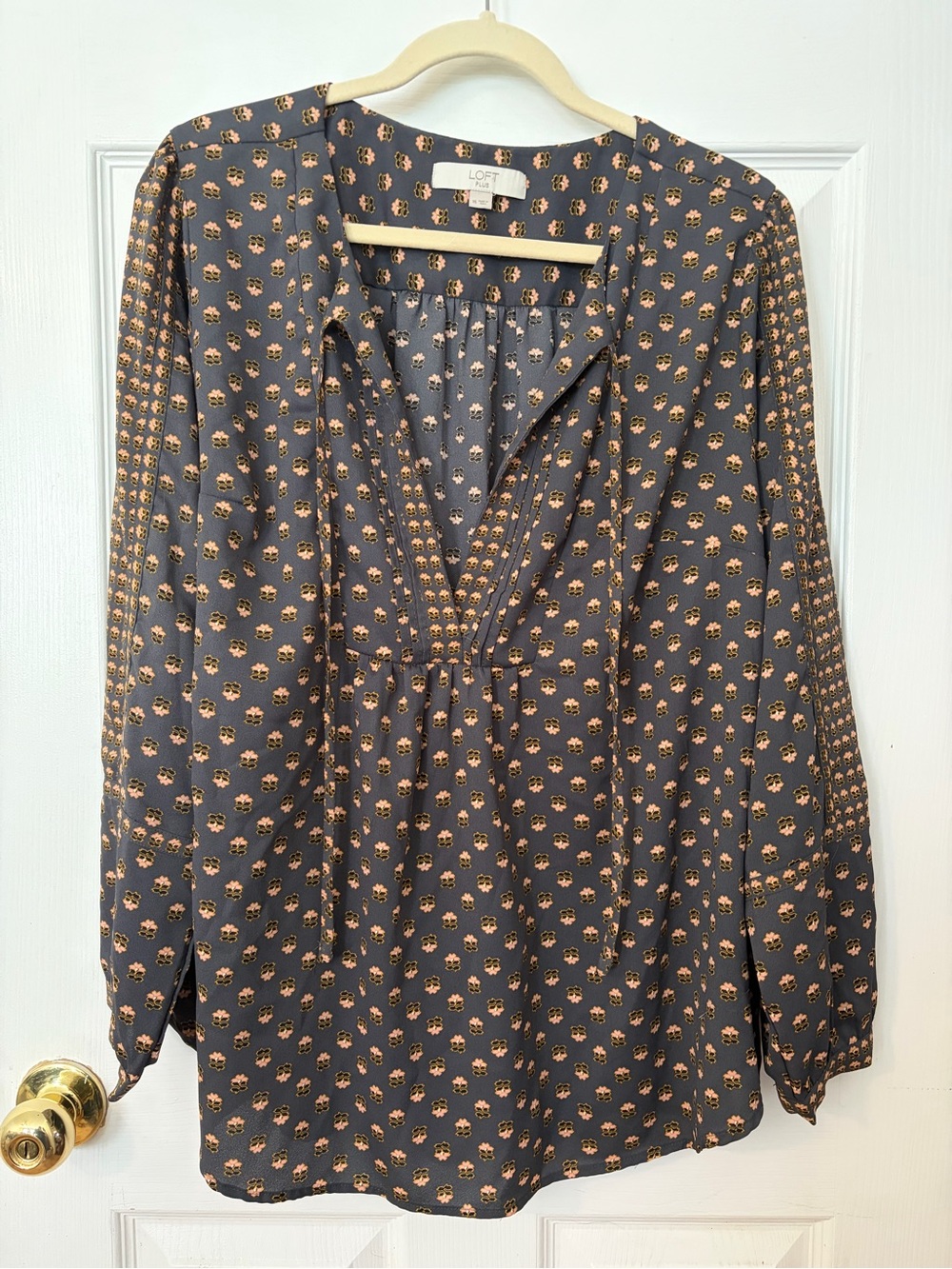 LOFT Gray Blouse with Tan Floral Print